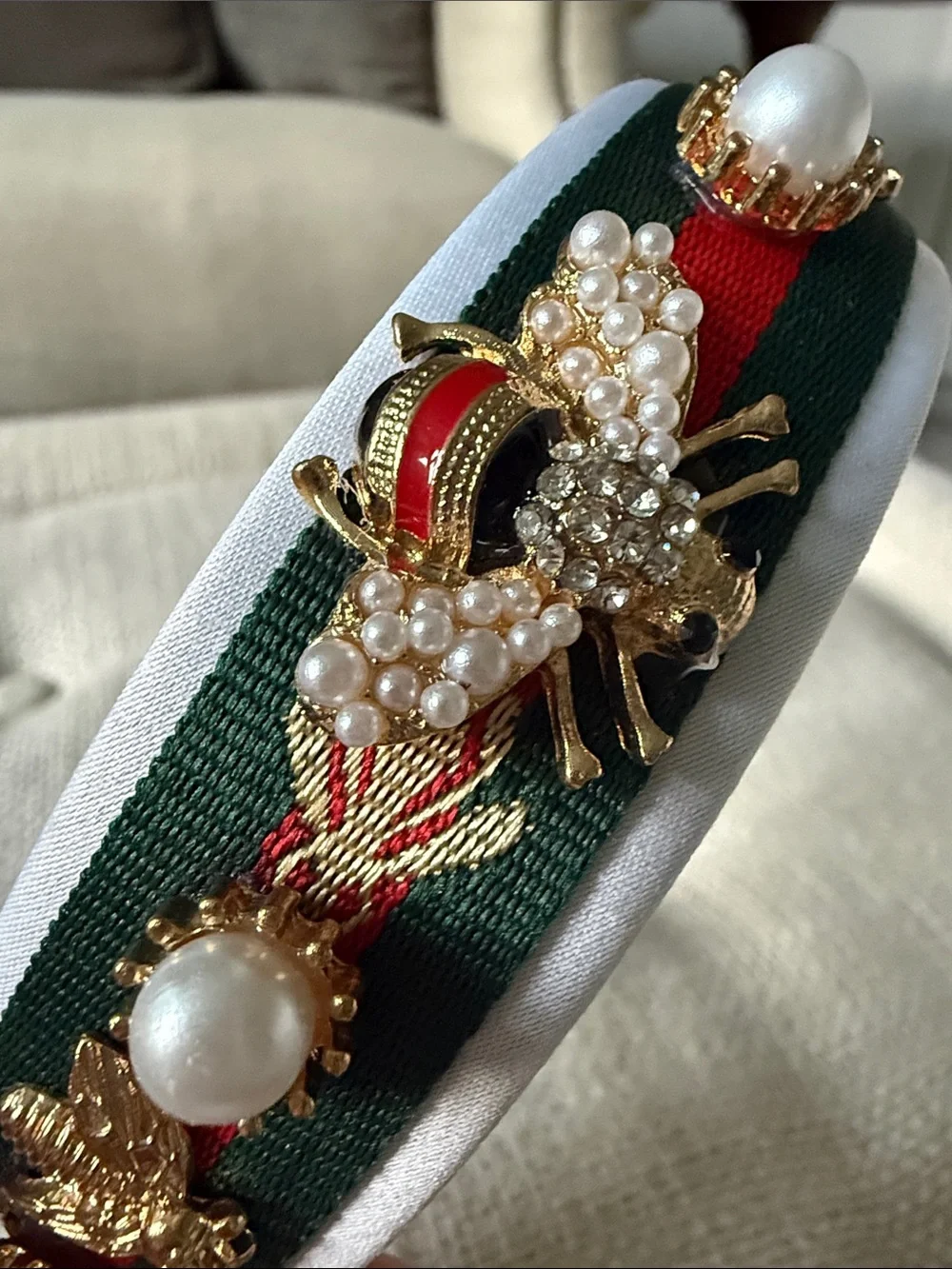 Pearl & Bee Embellished Green and Red Ribbon Headband